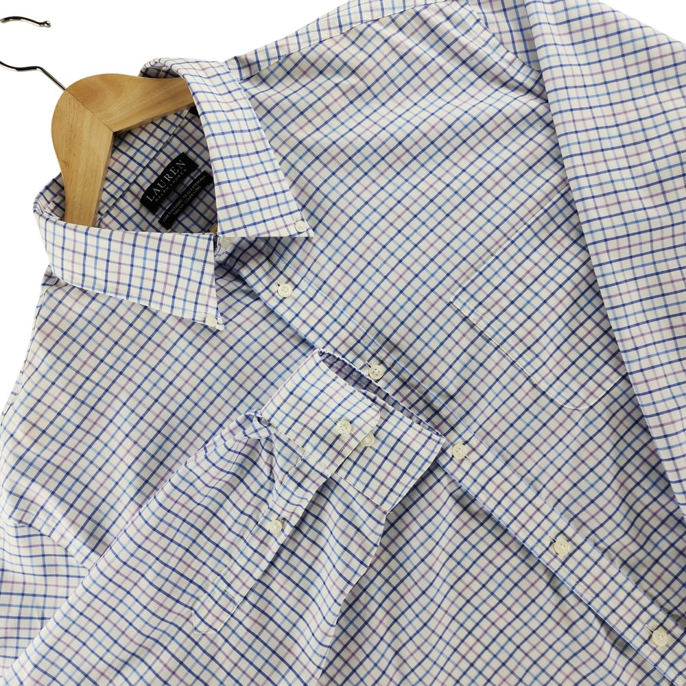 Lauren Ralph Lauren Shirt Mens 18.5 36/37 Blue Purple Check Tall Fit Cotton